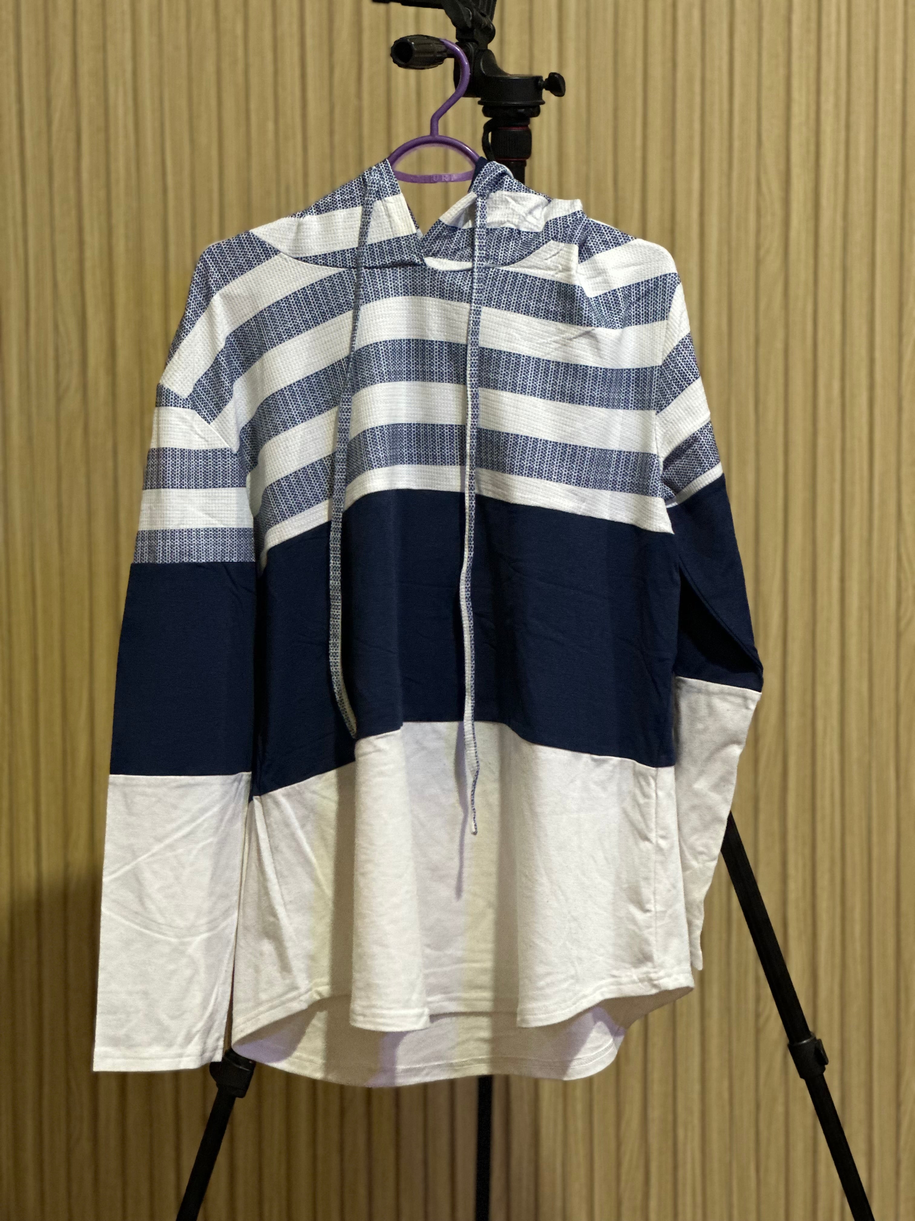Navy & White Colorblock Striped Hoodie – Casual Long Sleeve Pullover