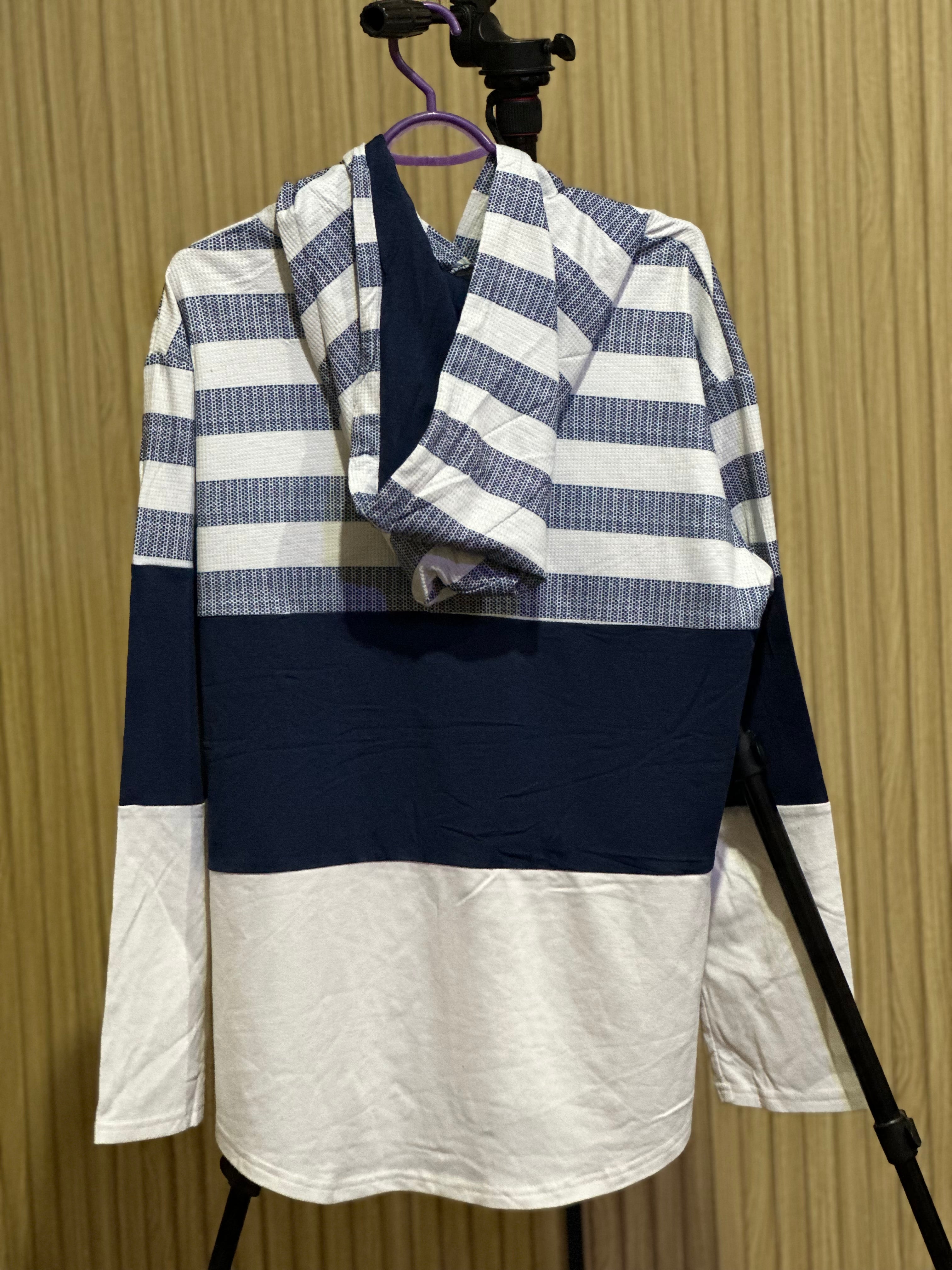 Navy & White Colorblock Striped Hoodie – Casual Long Sleeve Pullover