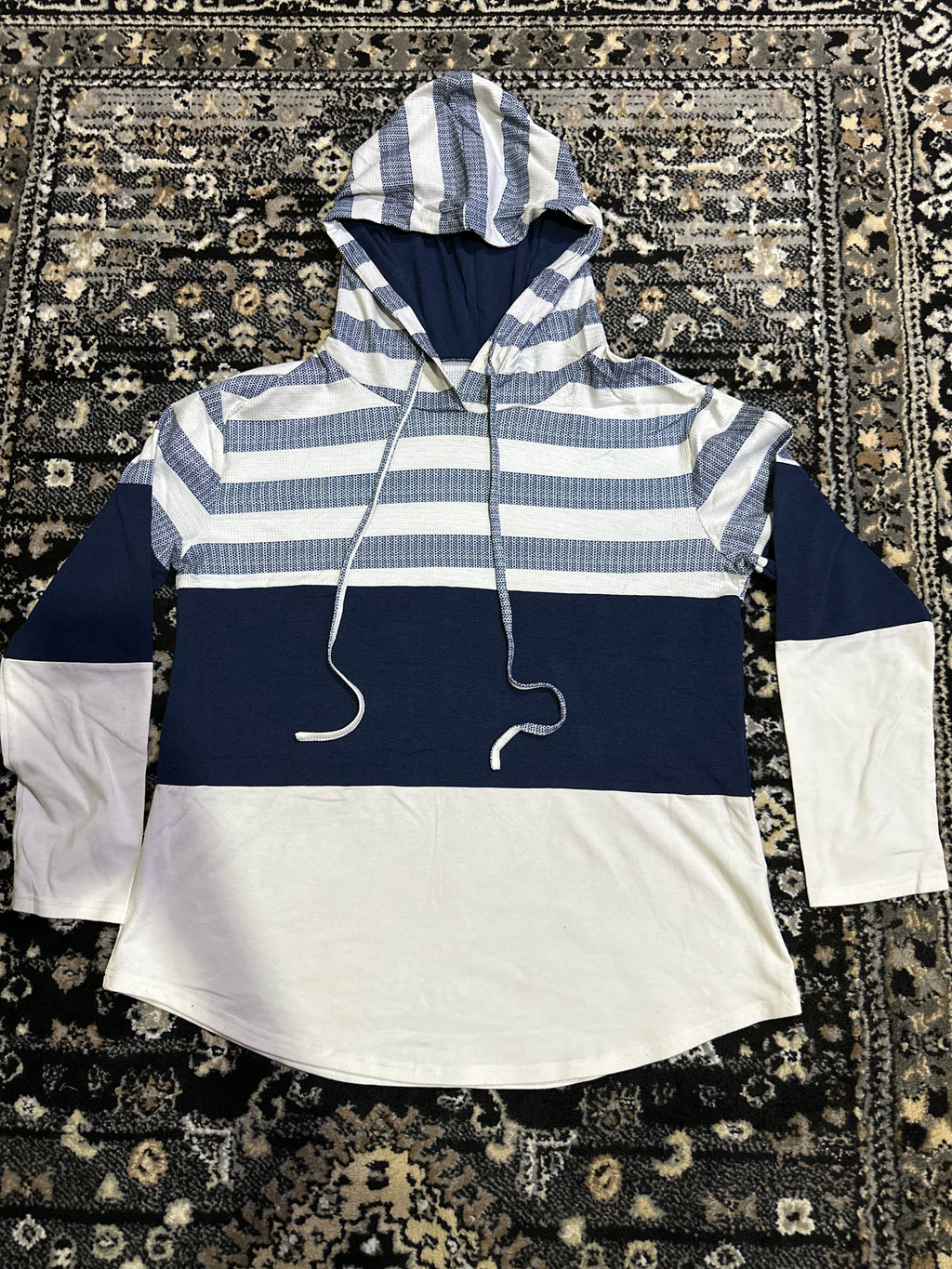 Navy & White Colorblock Striped Hoodie – Casual Long Sleeve Pullover