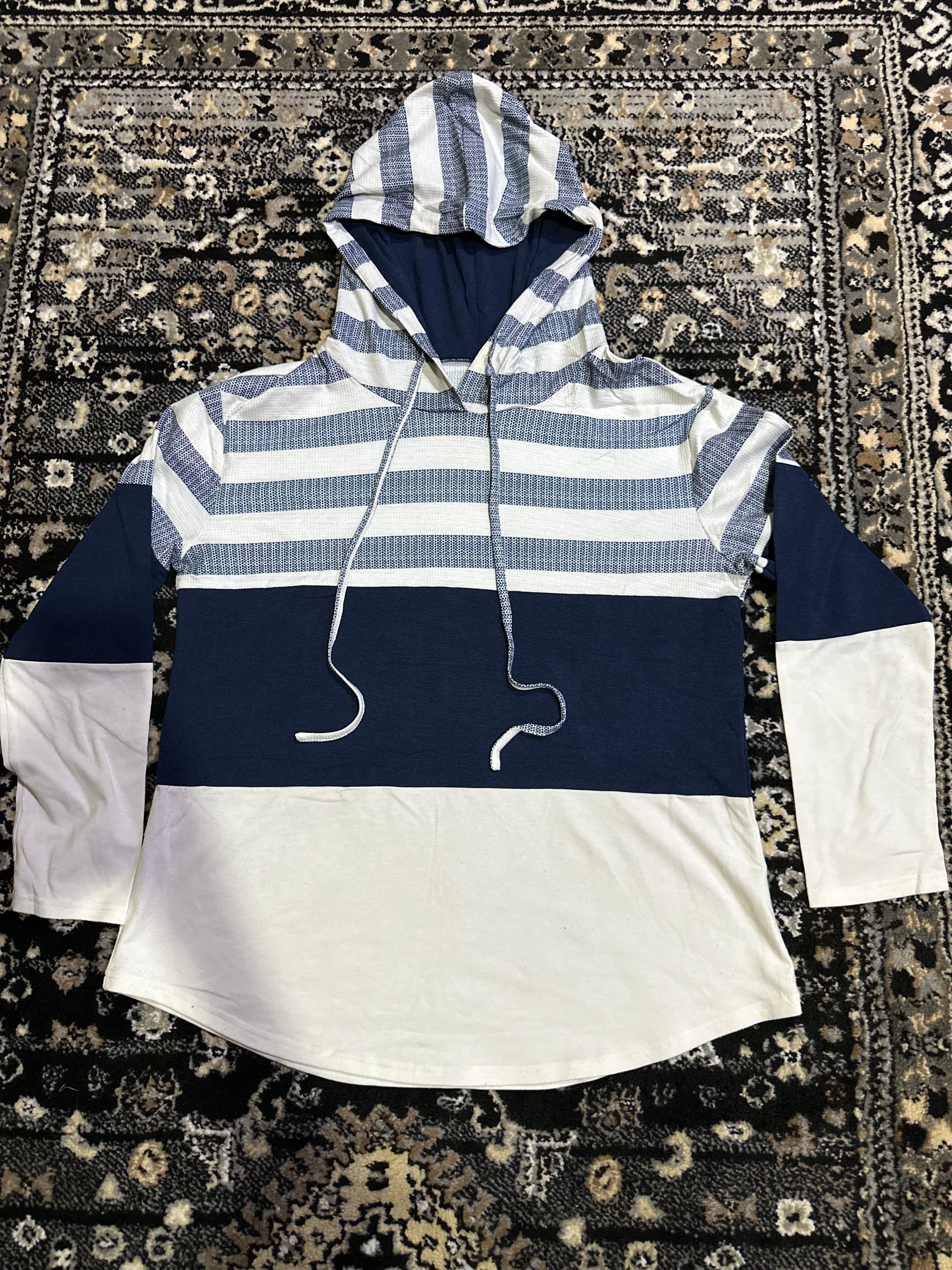 Navy & White Colorblock Striped Hoodie – Casual Long Sleeve Pullover