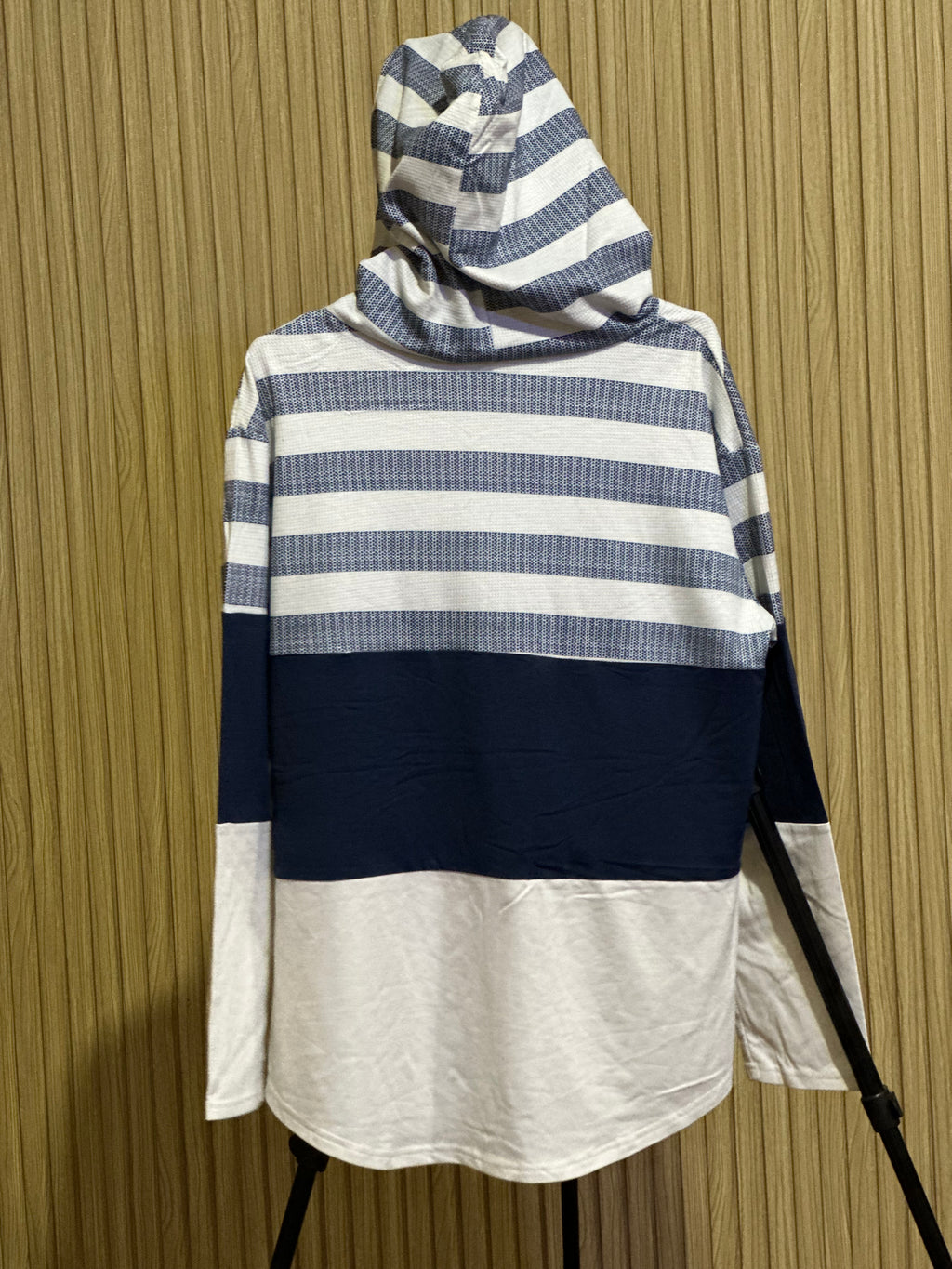 Navy & White Colorblock Striped Hoodie – Casual Long Sleeve Pullover