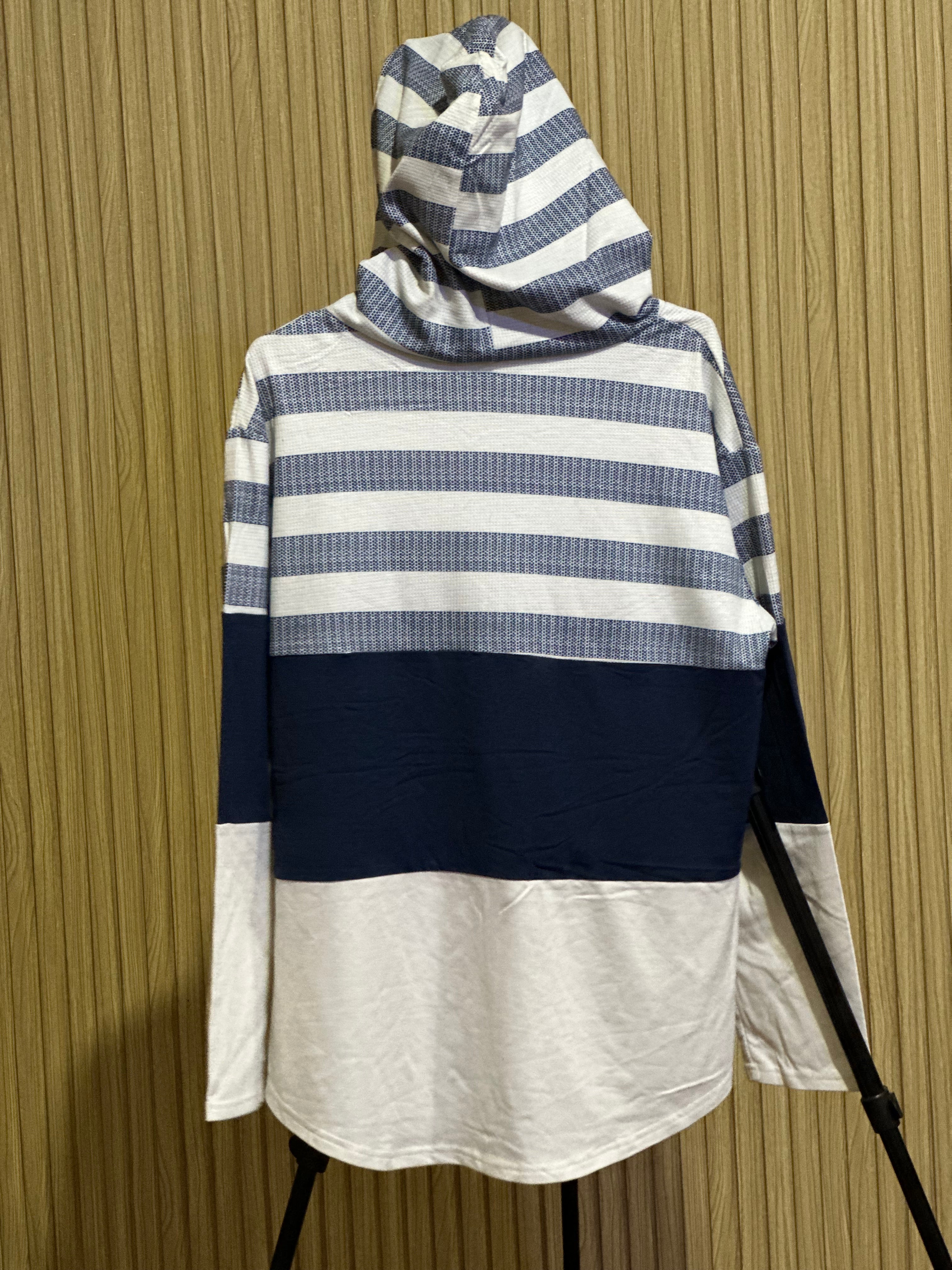 Navy & White Colorblock Striped Hoodie – Casual Long Sleeve Pullover