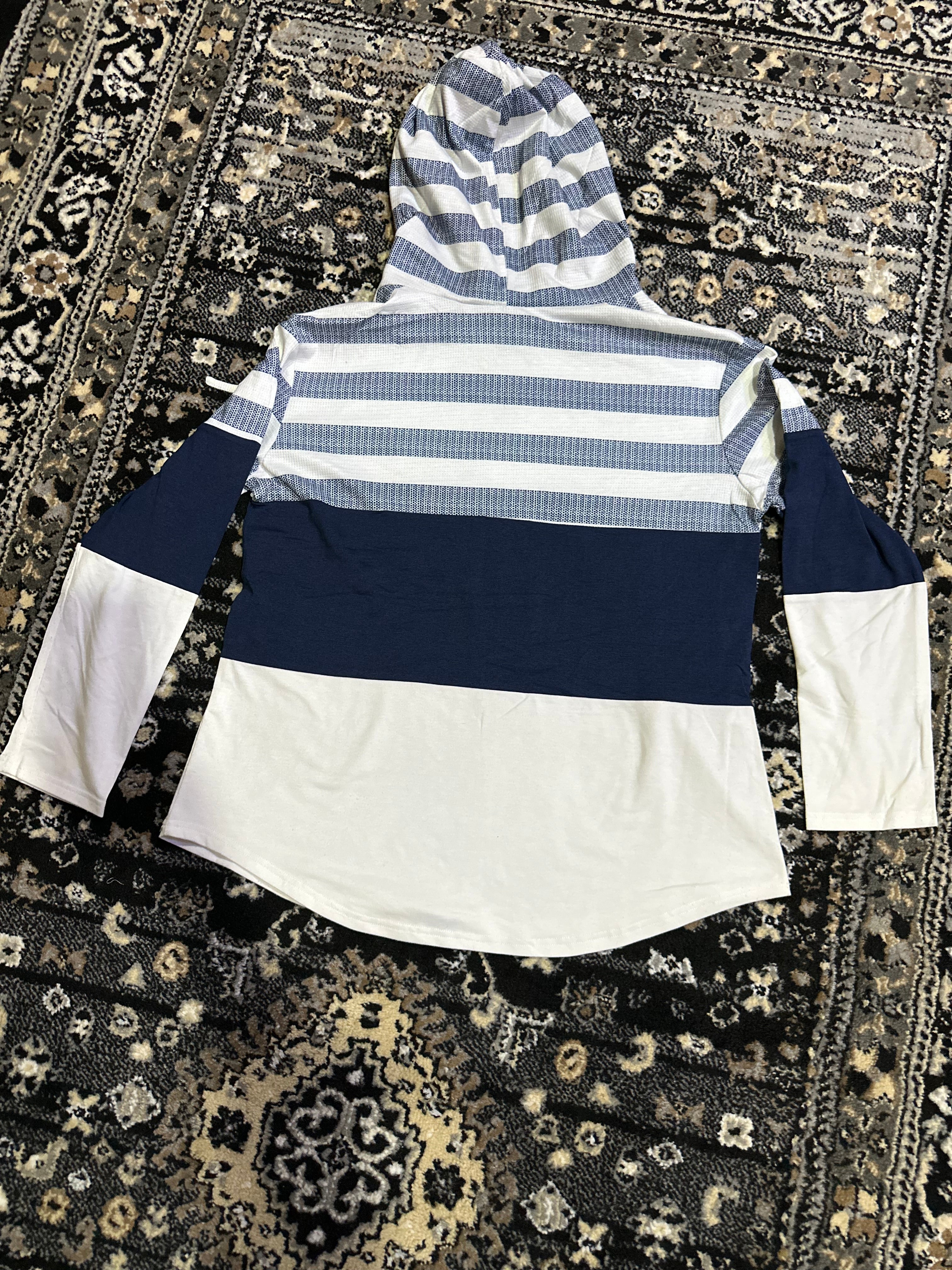 Navy & White Colorblock Striped Hoodie – Casual Long Sleeve Pullover